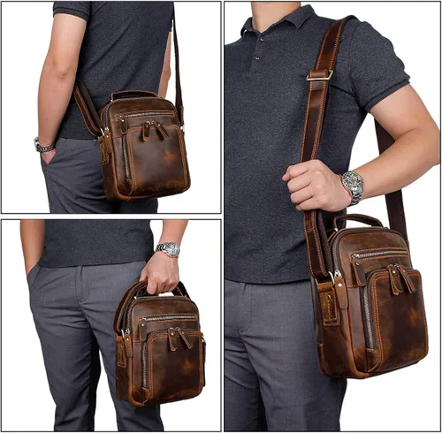 Vista 6 de YOGCI Bandolera de cuero para hombres Vintage Crossbody Bolso de hombro Fit Celular Monederos Billetera iPad con cremalleras YKK Marrón Oscuro
