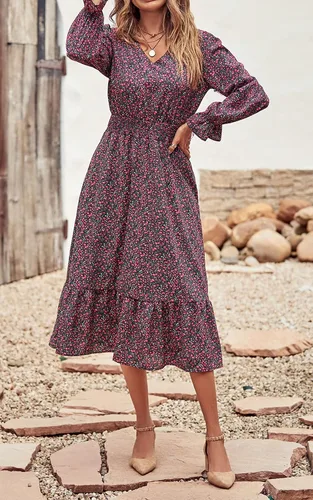 Vista 4 de PRETTYGARDEN Vestido de otoño casual de manga larga para mujer, estilo bohemio, plisado, cuello en V, volantes, estampado floral, vintage, vestidos