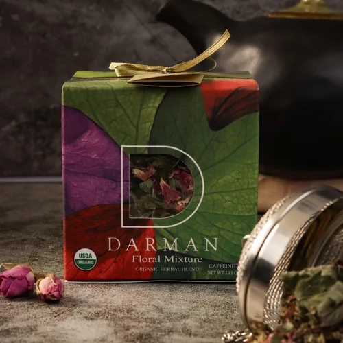 Vista 10 de Té de hierbas armenio No. 2 – Rayos suaves Mezcla de hojas sueltas calmante con tilo, caqui seco, canela y cártamo Caja de regalo de té Wellness