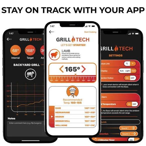 Vista 6 de Grill Tech - Termómetro inalámbrico inteligente Bluetooth para carne para asar y ahumar, precisión de precisión, rango de 950 pies, funda recargable
