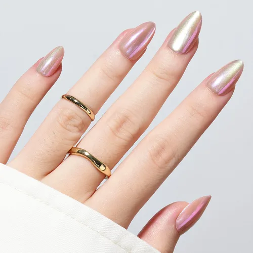 Vista 2 de GLAMERMAID Seashell Pink - Uñas postizas cortas a presión, color almendra