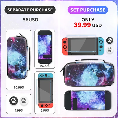 Vista 4 de Funda de transporte para Nintendo Switch, funda de almacenamiento portátil de viaje estrellada morada con funda protectora de TPU suave, protector