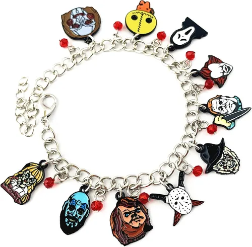 Vista 5 de Twin Six Pulsera de terror de Halloween Michael Myrs Jason Voorhs Fredy Krueger It PenyWis Chuky Face regalo para mujeres y niñas Metal Sin gemas
