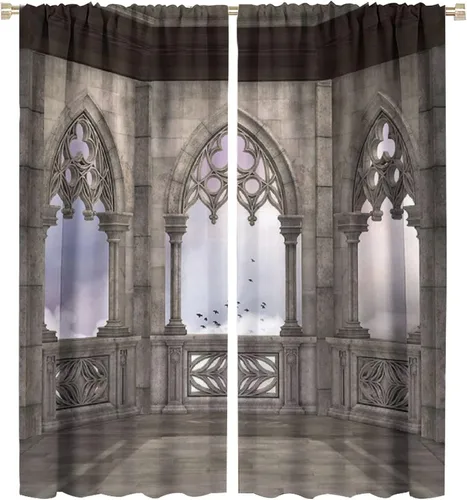 Vista 36 de Cortinas góticas con diseño de luna de Halloween, historia, puerta espeluznante, fondo de terror, vela, ficción, patrón de impresión, sala de estar