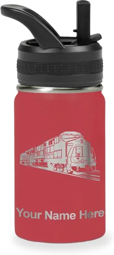 Vista 29 de LaserGram Botella de agua personalizada, tren de carga, acero inoxidable de doble pared aislada al vacío con popote superior, regalo grabado Negro