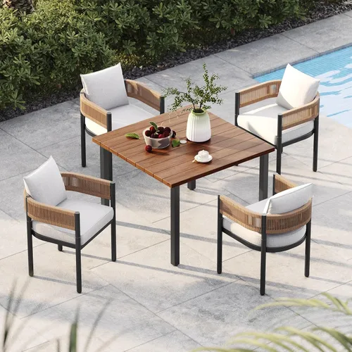 Vista 35 de Juego de comedor al aire libre Grand Patio de 5 piezas para 4, sillas de patio fijas de mimbre tejido metálico con cojines engrosados y 1 mesa