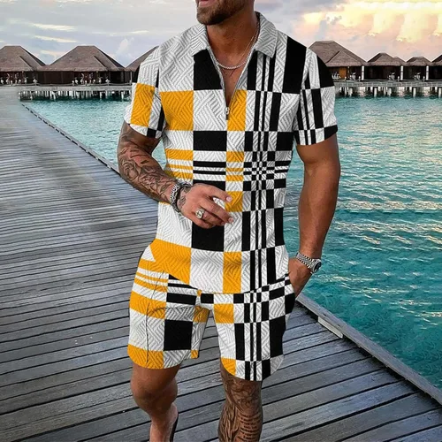Vista 2 de Conjunto de camisa polo y pantalones cortos para hombre, trajes de verano, elegante, casual, de manga corta, traje de polo para hombre, 2 piezas