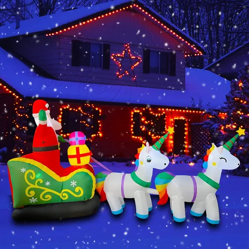 Vista 5 de SEASONBLOW Papá Noel inflable de Navidad de 9 pies en trineo con 2 decoraciones de unicornio con luz LED para patio, césped, jardín, hogar, fiesta