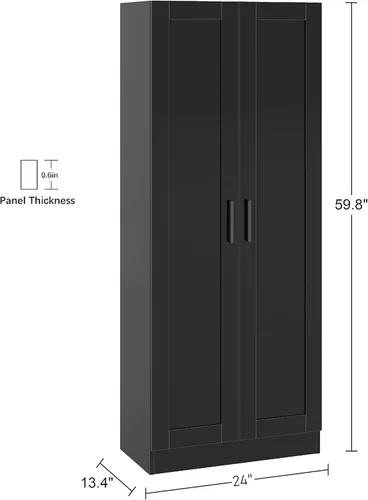 Vista 3 de Panana Gabinete de almacenamiento de madera, gabinetes estrechos de despensa, gabinete de almacenamiento alto con 2 puertas y estantes (negro)