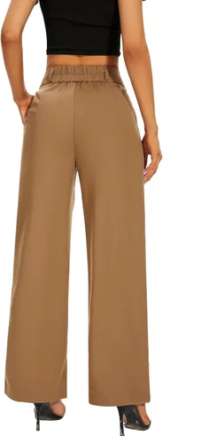 Vista 7 de FUNYYZO Pantalones de vestir de pierna ancha de cintura alta para mujer, plisados, cintura ancha, cintura elástica, pantalones casuales