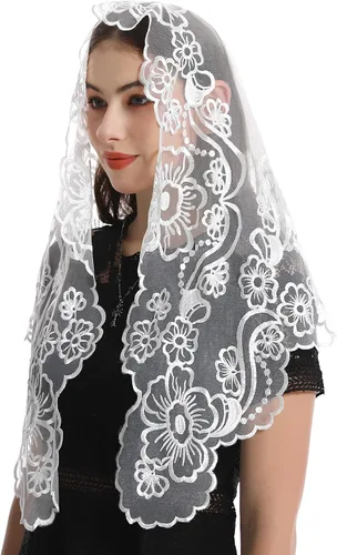 Vista 4 de Bozidol Cubierta triangular para cabeza de iglesia - Velo bordado Madonna Camellia Capilla Veil para mujer