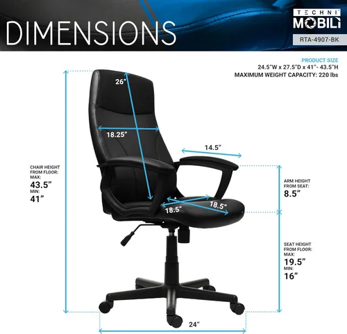 Vista 3 de Techni Mobili - Silla de oficina de piel sintética, altura ajustable, color negro PU leather executive chair, padded armrests, height adjustable