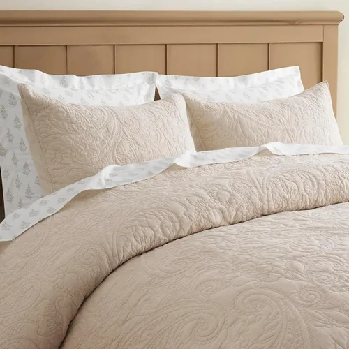 Vista 6 de EVERGRACE HOME - Juego de edredón de cachemira 100% algodón, tamaño King Lino Paisley Beige