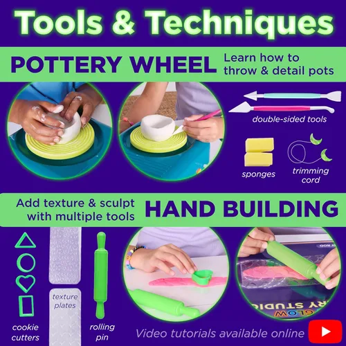 Vista 6 de Faber-Castell Neon Glow Pottery Studio: crea tus propios diseños de cerámica con rueda de cerámica alimentada por USB, arcilla seca al aire