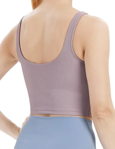 Vista 3 de BAYDI Longline - Brasier deportivo acolchado con cuello en V para mujer, camisetas sin mangas con brasier integrado, sujetadores de yoga acanalados