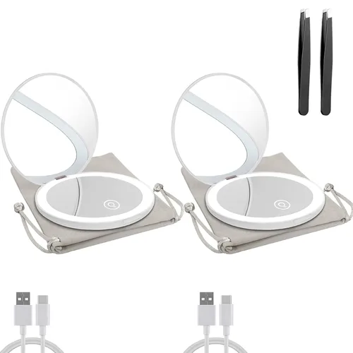 Vista 18 de Espejo compacto con luz LED, espejo recargable con aumento 1x/10x, 3.5 pulgadas, espejo de viaje regulable para bolso, bolsillo, espejo de Negro