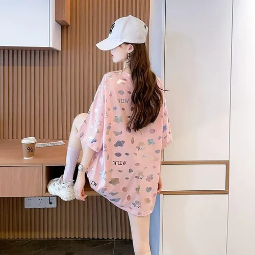 Vista 6 de Camiseta de manga corta con cuello redondo y estampado de vaca para mujer, de gran tamaño, diseño de Fairycore, para verano, estética Alt Streetwear