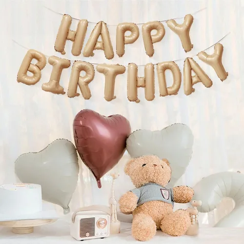 Vista 4 de Globos de papel de aluminio de feliz cumpleaños, globos neutros de color crema, caramelo, beige, marrón, globos de corazón para niñas y niños