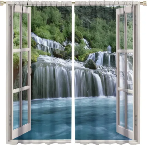Vista 19 de Cortina opaca de bosque de verano, diseño de ramas de bosque, con bolsillo para barra, cortinas farbic con bolsillo para barra, comedor, cafetería
