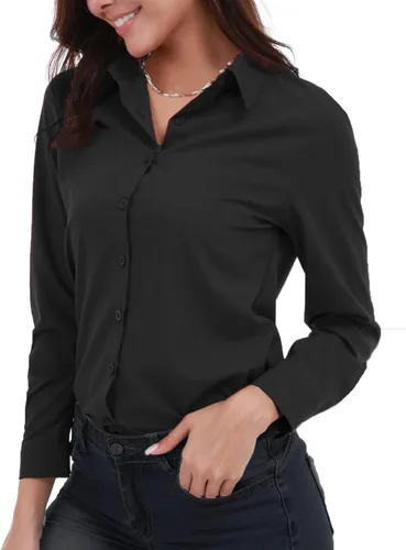 Vista 2 de Gemolly Camisas básicas con botones para mujer manga larga talla grande simple elástica formal casual blusa