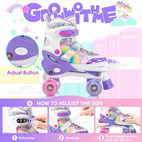 Vista 6 de SULIFEEL Patines de unicornio arcoíris para niñas y SULIFEEL - Patines ajustables para niños, talla S