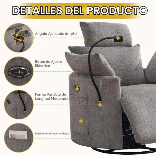 Vista 5 de Power Glider - Mecedora para guardería, reclinable giratorio con USB, color Gris claro