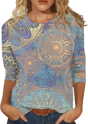 Vista 4 de Blusa bohemia para mujer, estilo casual, manga tres cuartos, cuello redondo, sin botones