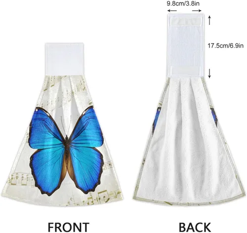 Vista 6 de Blue Butterfly Retro Musical Notes Hanging Kitchen Towel Set of 2, Lightweight Soft Quick Dry Decorative Hanging Kitchen Towels, 18.2 x 14 Inch