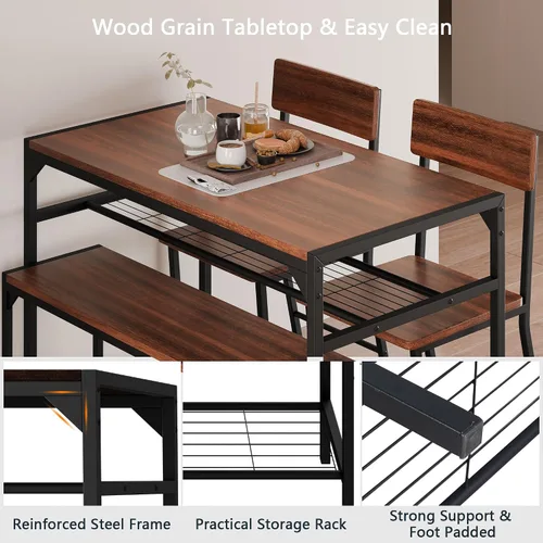 Vista 6 de SUNLEI Mesa de comedor para 4 personas con 2 sillas y un banco de almacenamiento, juego de mesa de cocina pequeño con estante para vino, escritorio