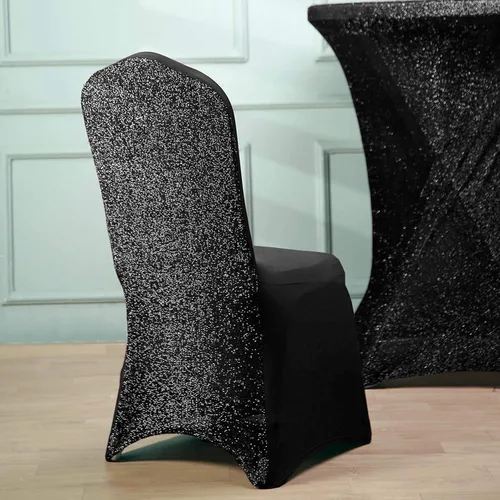 Vista 10 de Tableclothsfactory Funda elástica para silla de banquete de elastano negro con brillo metálico para eventos de comedor para banquete de boda