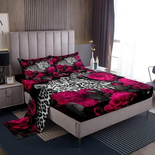 Vista 43 de Erosebridal Sábanas de cama de guepardo con rosa roja, juego de sábanas de bolsillo profundo con estampado de leopardo y gato, sábana bajera