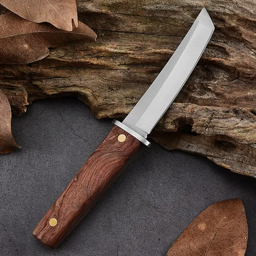 Vista 4 de Cuchillo de hoja fija de supervivencia, cuchillo utilitario de caza de camping al aire libre, mango de madera