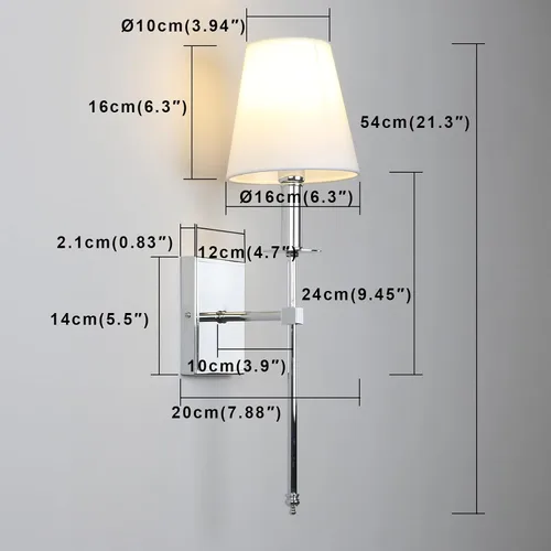 Vista 2 de PERMO Aplique de pared industrial rústico clásico individual con pantalla textil blanca acampanada y soporte de columna cónico cromado