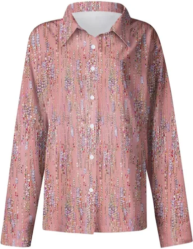 Vista 4 de Camisas florales para mujer, camisetas casuales con botones, de manga larga, cuello en V, con solapa, blusas