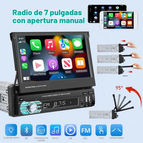 Vista 5 de Estéreo de coche con pantalla abatible Single Din con Carplay inalámbrico y Android Auto, pantalla táctil de 7 pulgadas, 1 Din, compatible