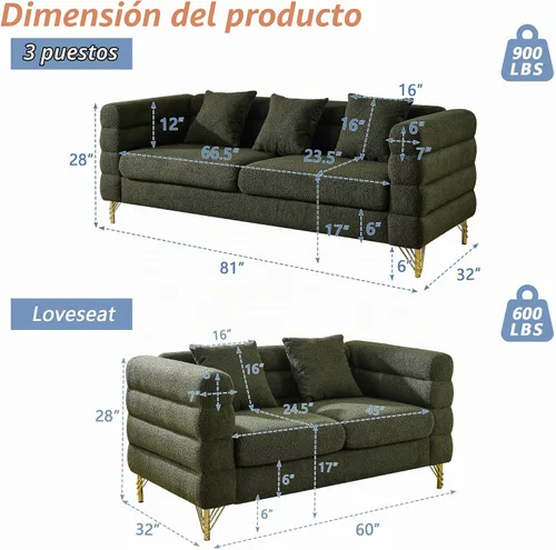 Vista 2 de mikibama Juego de sofá Teddy de lujo para sala de estar, muebles de decoración moderna sofá seccional, sofá de 3 plazas y loveseat con 5 almohadas