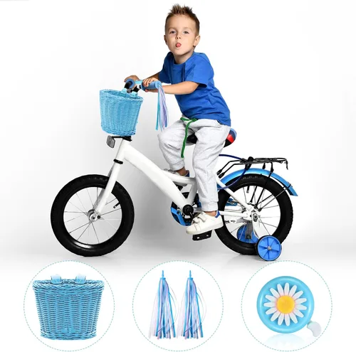 Vista 7 de Hestya Juego de cestas de bicicleta para niños, cesta de mimbre, cesta de bicicleta para manillar para niñas con 2 luces LED para ruedas