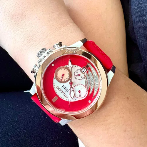 Vista 4 de MULCO Ilusion - Juego de reloj para mujer, pulsera de oro rosa, correa de silicona impermeable de acero inoxidable, Escarcha (rojo), Moderno