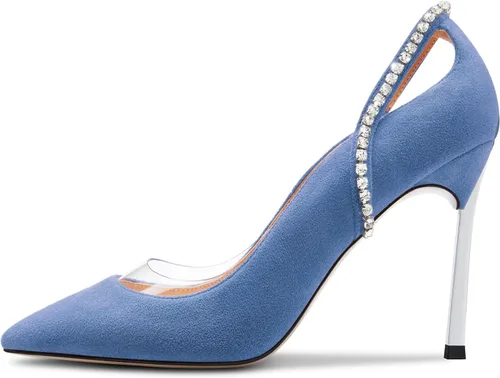 Vista 2 de Saekcted Zapatos de tacón alto con punta puntiaguda para mujer, con diamantes de imitación, para fiestas, transparentes, para verano, 3.9 pulgadas