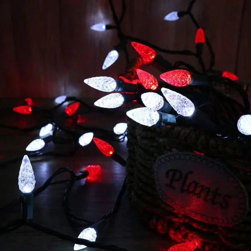 Vista 2 de Brizled Luces LED de Navidad, paquete de 2 luces LED de 33 pies, 100 luces LED rojas y blancas C5, conectables de 120 V con certificación UL, luz