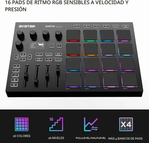 Vista 3 de EMP16 MIDI Pad Controller Beat Maker Machine With Bluetooth 16 almohadillas de ritmo sensibles a la velocidad RGB, 16 niveles, nivel completo/medio