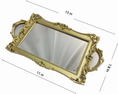 Vista 7 de Bandeja Espejo Decorativa Rectangular Pequeña, Estilo Francés, Organizador de Maquillaje, Organizador de Joyas, Bandeja para Servir, 13" x 7.8