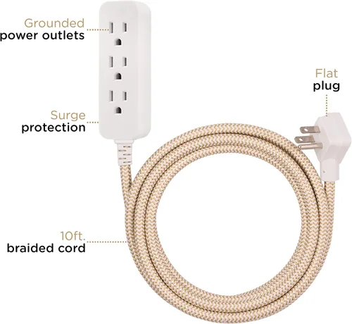 Vista 2 de Cordinate Cable de Extensión Regleta de 3 Enchufes Protector de Sobretensión Interior Calibre 16 245 Julios 10 Pies Cables de Extensión Trenzados