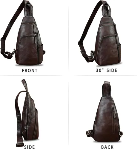 Vista 5 de Bolso bandolera de cuero genuino, bolso cruzado hecho a mano para senderismo, riñonera, mochila retro para el hombro, mochila de pecho vintage