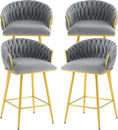 Vista 10 de Taburetes de bar giratorios de altura de mostrador, juego de 2 taburetes de bar modernos de terciopelo, sillas de bar tapizadas con respaldo tejido