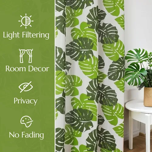 Vista 4 de BROSHAN Cortinas blancas y verdes para dormitorio, cortinas de ventana de hojas de plantas tropicales, 2 paneles de 78 pulgadas de largo, cortinas