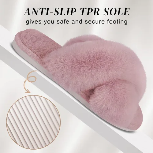 Vista 4 de Parlovable Women's Cross Band Slippers Fuzzy Soft House Slippers Plush Furry Warm Cozy Open Toe Fluffy Home Shoes Comfy Indoor Outdoor Slip On