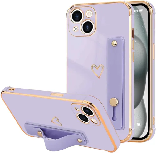 Vista 22 de LLZ.COQUE Funda compatible con iPhone 12 para mujeres y niñas, parachoques chapado de lujo con bonito diseño de corazón de amor, soporte de correa