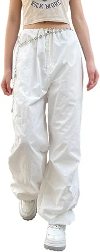 Vista 2 de UAURORAO Pantalones cargo sueltos de cintura baja para mujer, pantalones casuales holgados de pierna ancha con cordón, pantalones hippie jogger