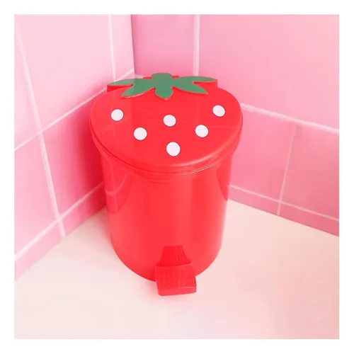 Vista 9 de Bote de Basura de Fresa, Bote de Basura de Plástico Lindo de 1 Galón para Escritorio Kawaii Pequeño Bote de Basura de Fresa para Dormitorio con 2